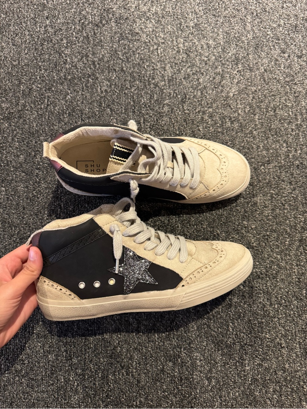 NWOT The Shu Shop Two-Tone Star High Top Sneakers in Black & Beige